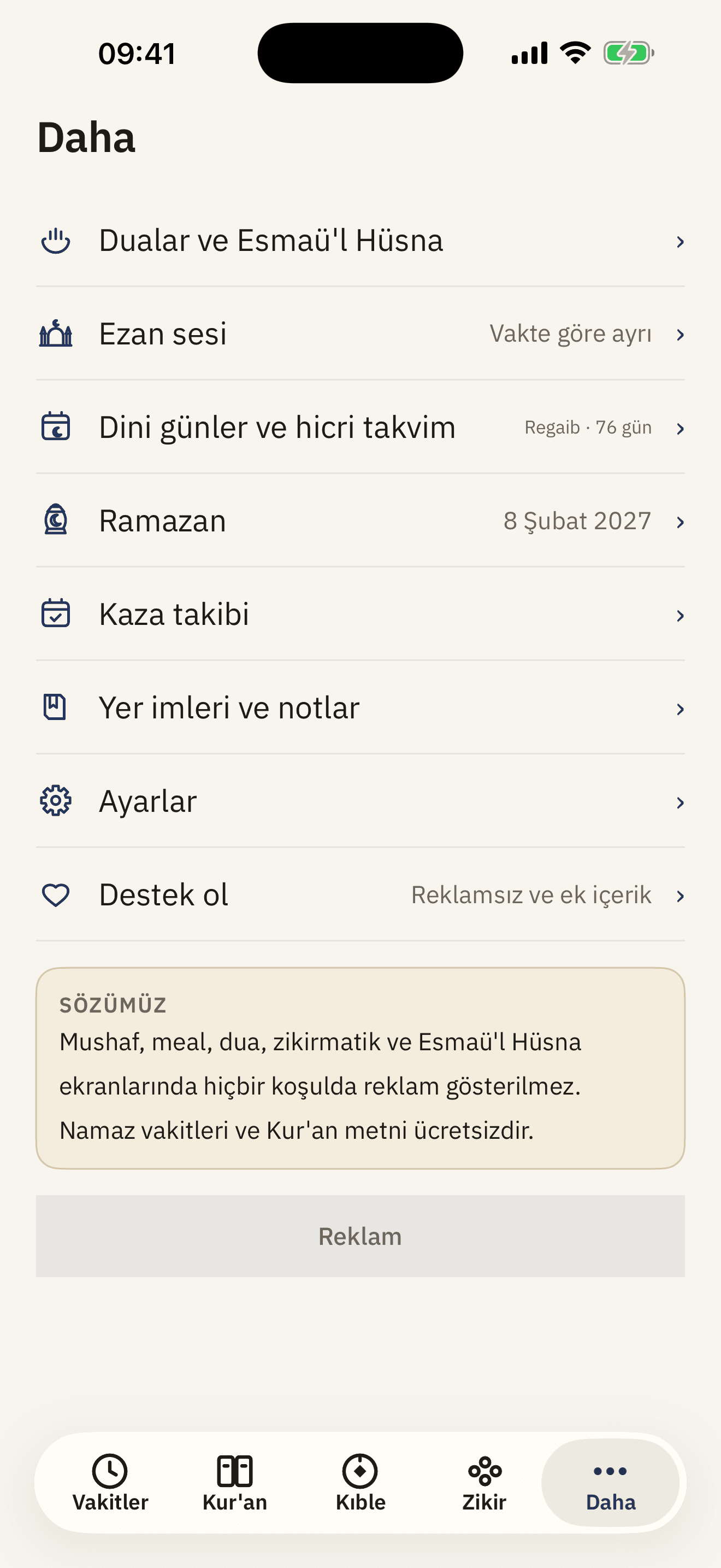 Duagâh diğer özellikler ekranı